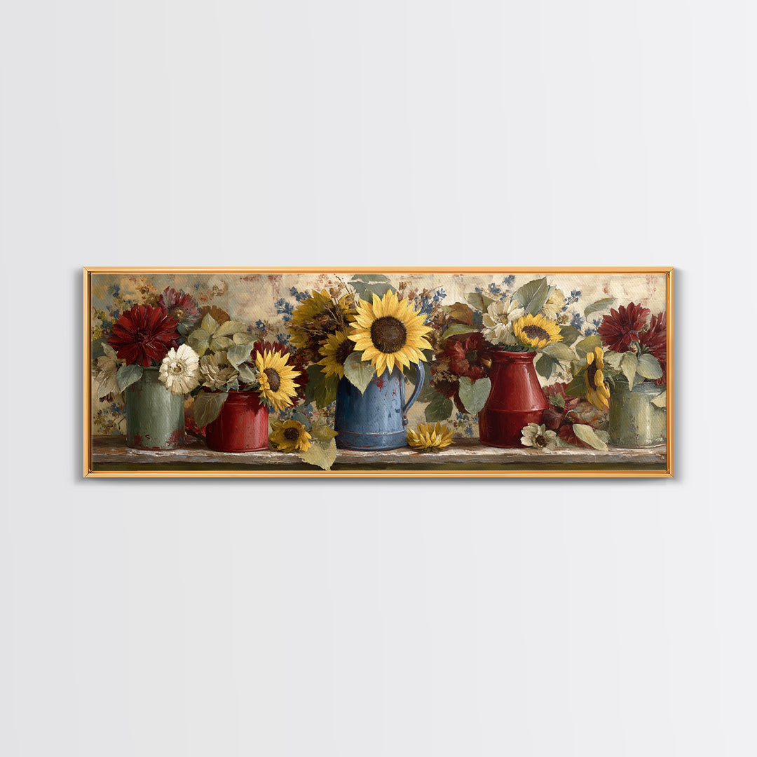 Sunflowers in a Blue Enamel Pitcher Framed Canvas Print, Country Art, Wall Art, Farmhouse Decor, Fine Art, Country, COU-3x1-72