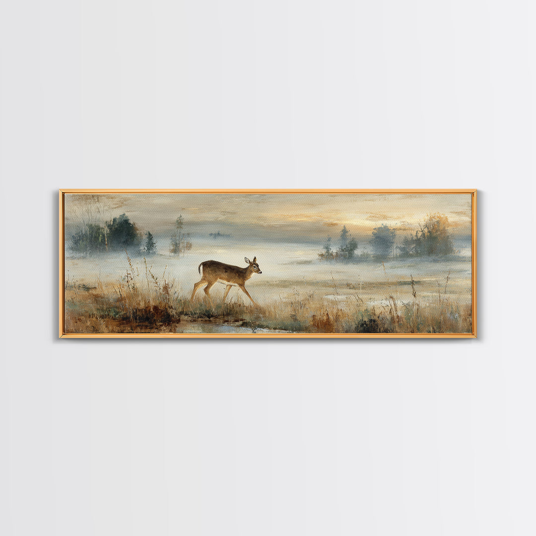 Deer Crossing a Misty Morning Field Canvas Print, Country Art, Digital Wall Art, Farmhouse Decor, Country, Floral Wall Art, COU-3x1-75