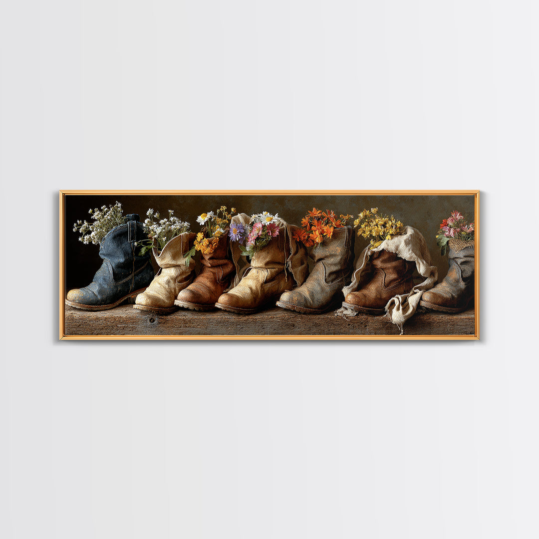 Weathered Boots with Wildflowers Tucked Inside Canvas Print, Country Art, Landscape Painting, Farmhouse Decor, Watercolor Art, COU-3x1-8