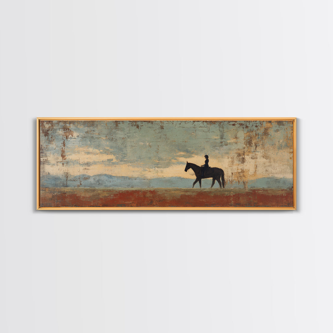 Horse and Rider Silhouette at Dusk Framed Canvas Print, Country Art, Digital Art Prints, Farmhouse Decor, Fine Art, Country, COU-3x1-81