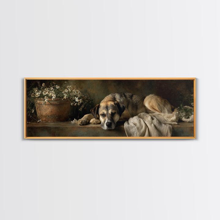 Dog Resting Beside a Porch Flower Pot Canvas Print, Country Art, Digital Wall Art, Farmhouse Decor, Fine Art, Country, COU-3x1-86