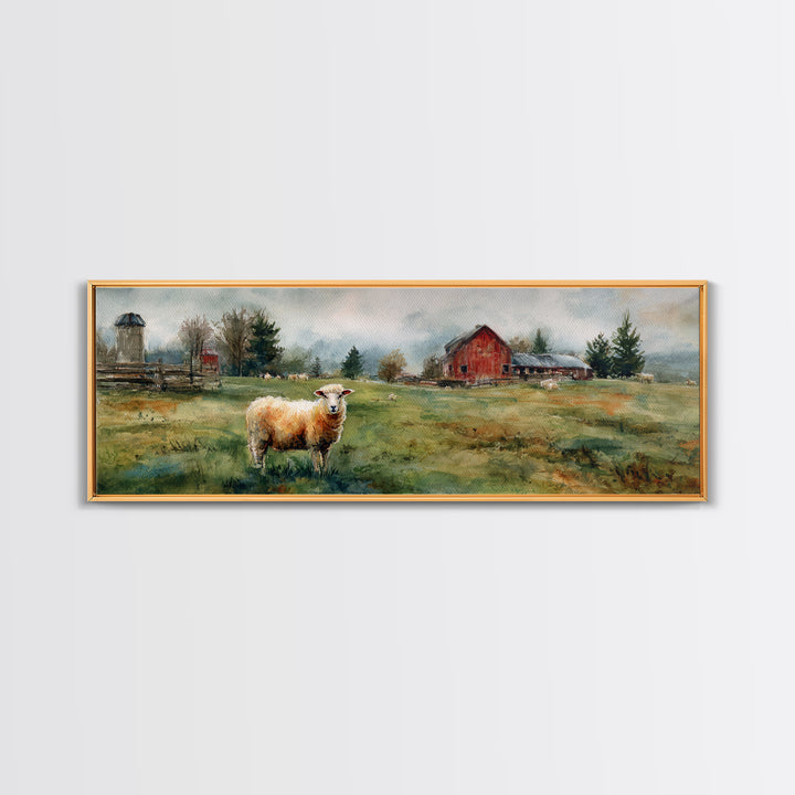 Watercolor Sheep in a Green Pasture Framed Canvas Print, Country Art, Printable Wall Art, Farmhouse Decor, Fine Art, Country, COU-3x1-87