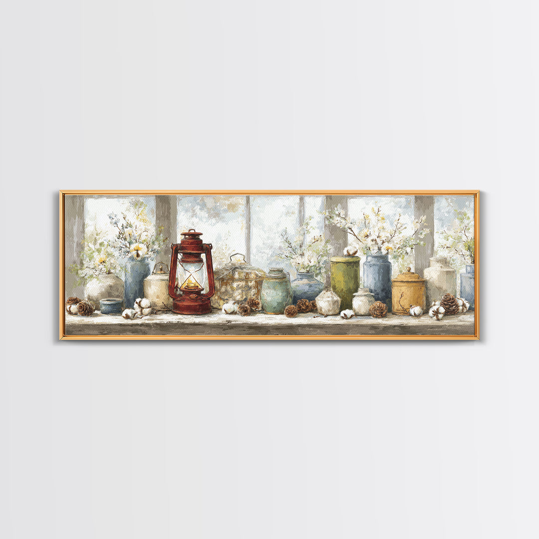Old Lantern and Pinecones Still Life Canvas Print, Country Art, Minimalist Decor, Farmhouse Decor, Oil Painting, Country, COU-3x1-88