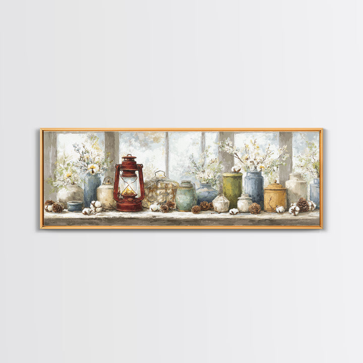 Old Lantern and Pinecones Still Life Canvas Print, Country Art, Minimalist Decor, Farmhouse Decor, Oil Painting, Country, COU-3x1-88