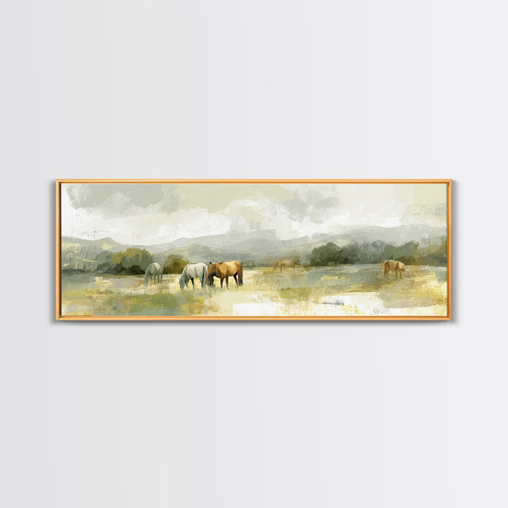 Rolling Pasture with Grazing Horses at Sunrise Canvas Print, Country Art, Landscape Wall Art, Farmhouse Decor, Country, COU-3x1-89