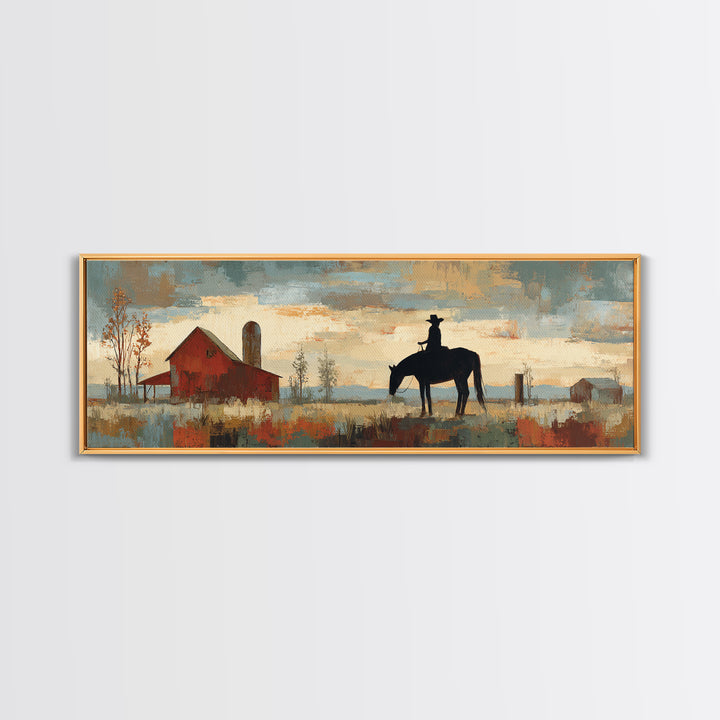Horse and Rider Silhouette at Dusk Framed Canvas Print, Country Art, Digital Wall Art, Farmhouse Decor, Fine Art, Country, COU-3x1-9