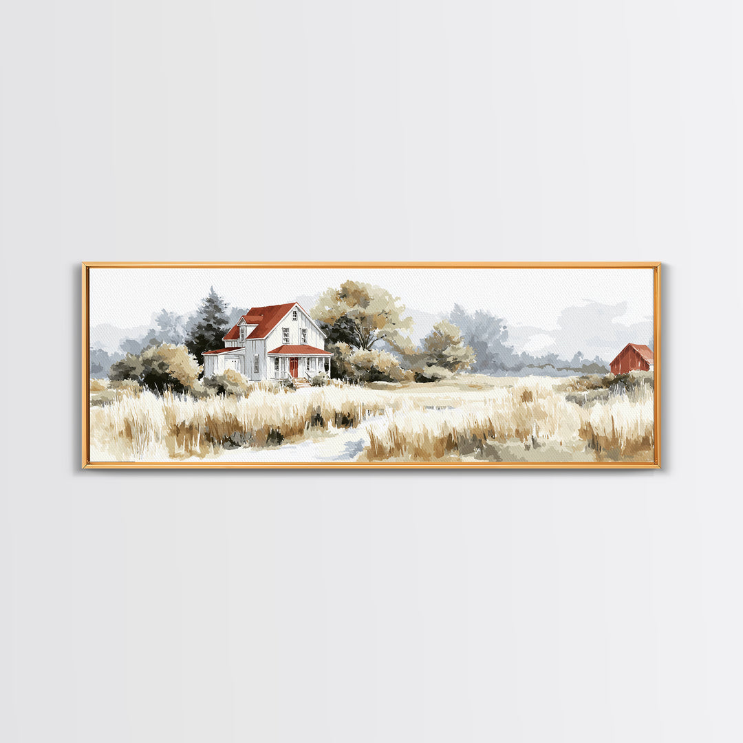 White Farmhouse Surrounded by Tall Grass Canvas Print, Country Art, Floral Wall Art, Farmhouse Decor, Fine Art, Country, COU-3x1-98