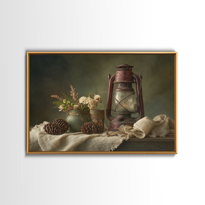 Old Lantern and Pinecones Still Life Framed Canvas Print, Country Art, Modern Decor, Farmhouse Decor, Oil Painting, Country, COU-3x2-100