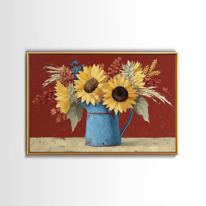 Sunflowers in a Blue Enamel Pitcher Canvas Print, Country Art, Digital Print, Farmhouse Decor, Oil Painting, Country, COU-3x2-12