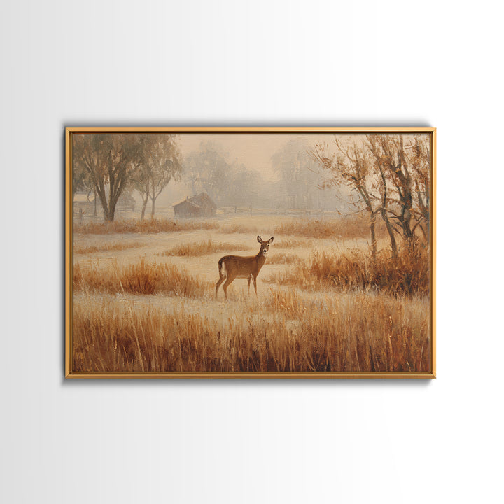 Deer Crossing a Misty Morning Field Framed Canvas Print, Country Art, Oil Painting, Farmhouse Decor, Fine Art, Country, COU-3x2-15