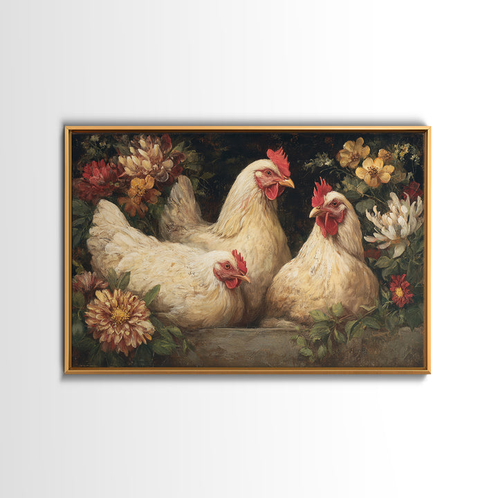 Chickens Pecking Near Garden Flowers Framed Canvas Print, Country Art, Farmhouse Decor, Watercolor Art, Country, COU-3x2-18