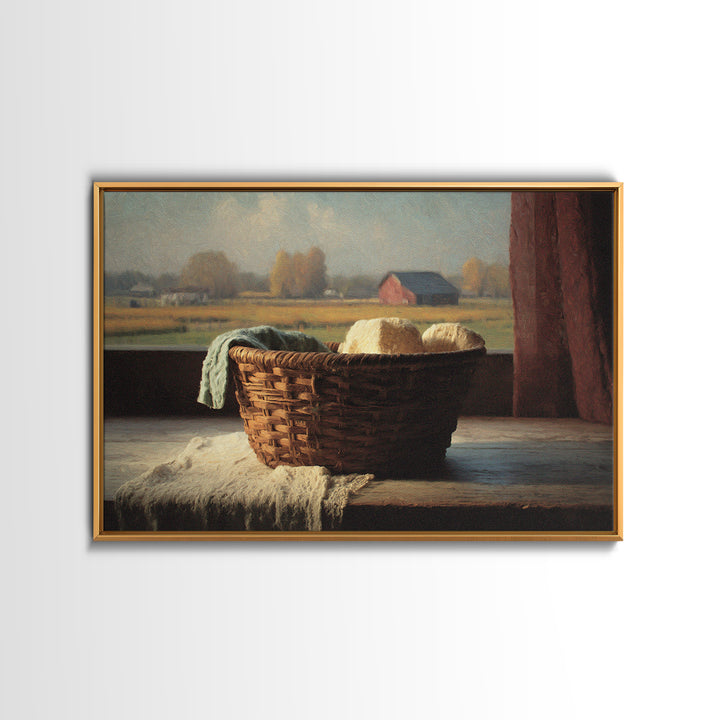 Blackberry Basket with Linen Cloth Framed Canvas Print, Country Art, Watercolor Painting, Farmhouse Decor, Fine Art, Country, COU-3x2-25