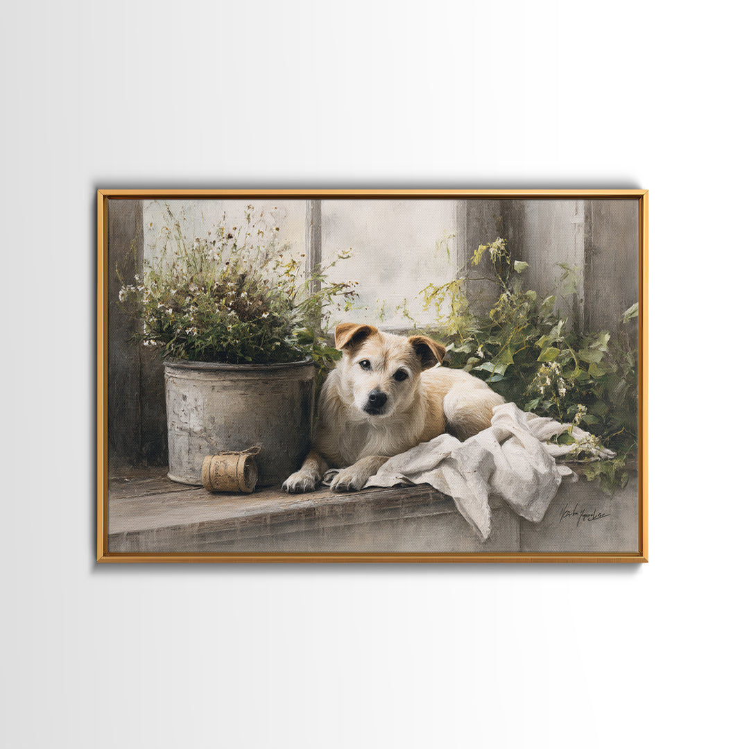 Dog Resting Beside a Porch Flower Pot Canvas Print, Country Art, Digital Wall Art, Farmhouse Decor, Fine Art, Country, COU-3x2-26
