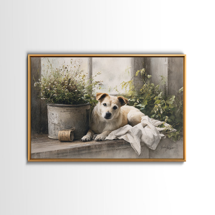 Dog Resting Beside a Porch Flower Pot Canvas Print, Country Art, Digital Wall Art, Farmhouse Decor, Fine Art, Country, COU-3x2-26