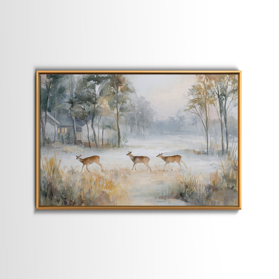 Deer Crossing a Misty Morning Field Framed Canvas Print, Country Art, Wall Decor, Farmhouse Decor, Fine Art, Country, COU-3x2-39