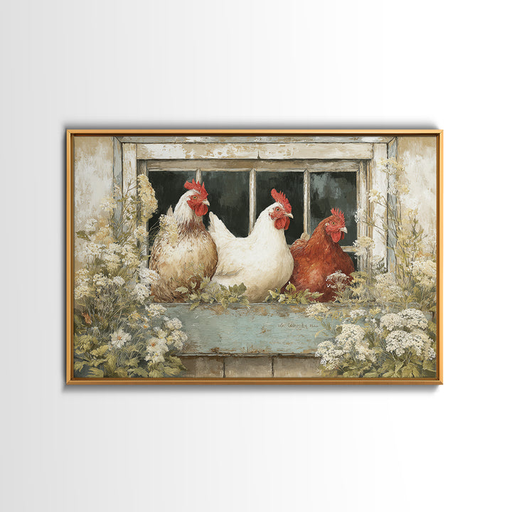 Chickens Pecking Near Garden Flowers Canvas Print, Country Art, Printable Art, Farmhouse Decor, Watercolor Art, Country, COU-3x2-42