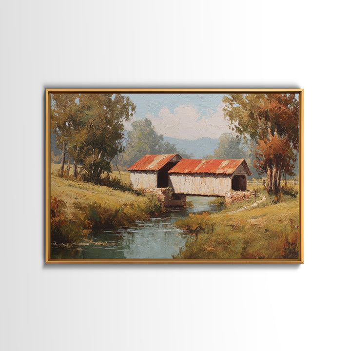 Covered Bridge over a Quiet Creek Canvas Print, Country Art, Landscape Wall Art, Farmhouse Decor, Abstract Art, Country, COU-3x2-43