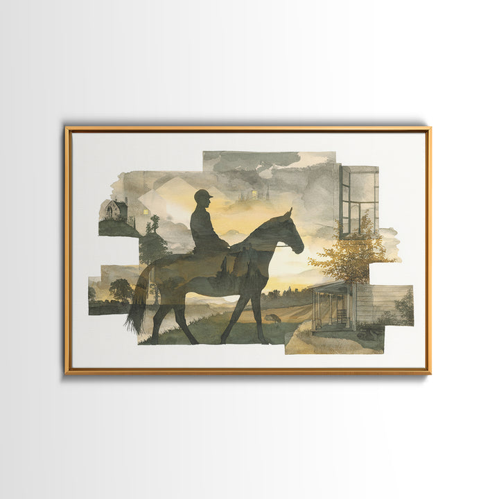 Horse and Rider Silhouette at Dusk Framed Canvas Print, Country Art, Landscape Painting, Farmhouse Decor, Fine Art, Country, COU-3x2-45