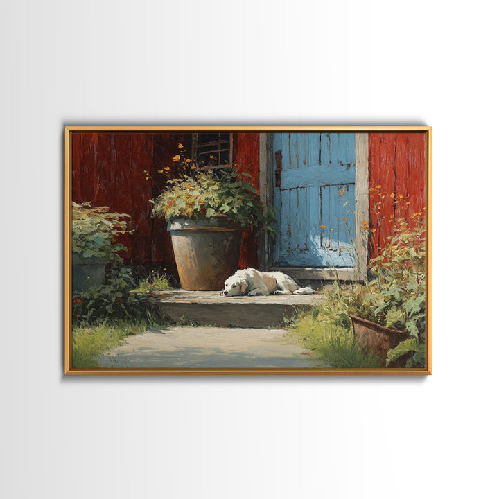 Dog Resting Beside a Porch Flower Pot Framed Canvas Print, Country Art, Farmhouse Decor, Fine Art, Country, Gallery Wall Art, COU-3x2-50