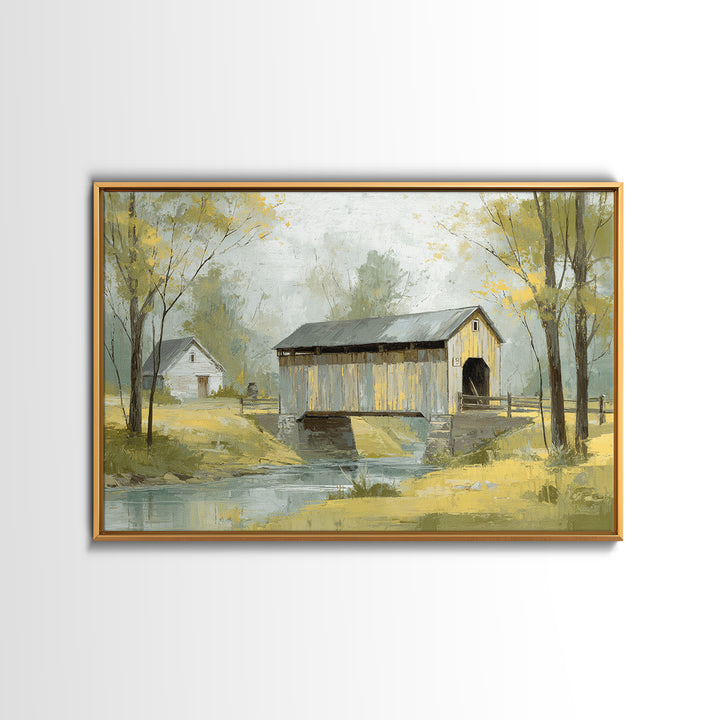 Covered Bridge over a Quiet Creek Canvas Print, Country Art, Textured Painting, Farmhouse Decor, Watercolor Art, Country, COU-3x2-67