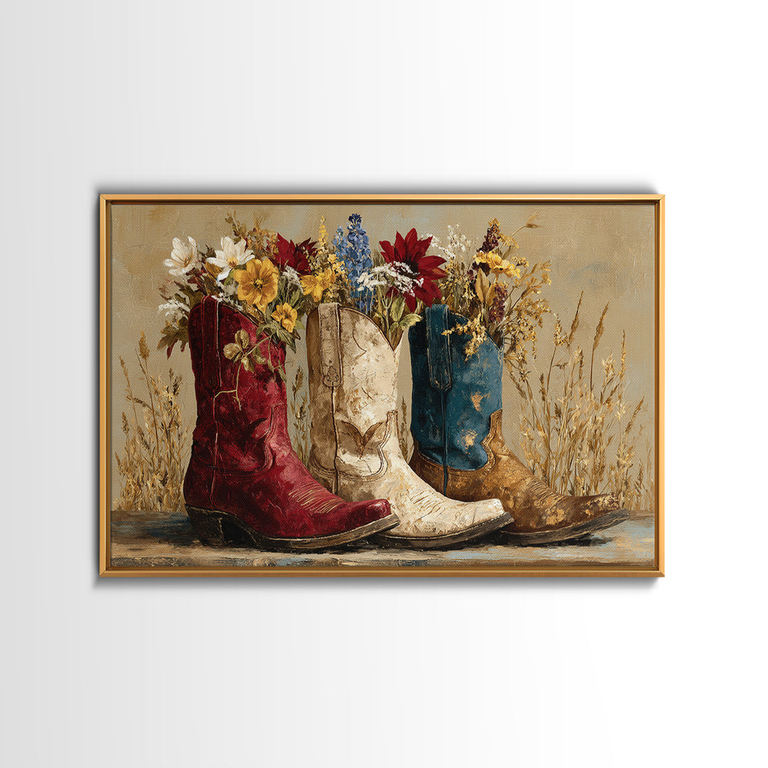 Weathered Boots with Wildflowers Tucked Inside Canvas Print, Country Art, Wall Decor, Farmhouse Decor, Oil Painting, Country, COU-3x2-68