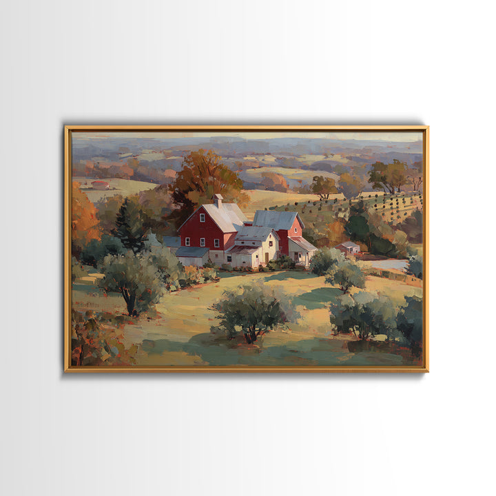 Apple Orchard with Warm Autumn Light Framed Canvas Print, Country Art, Landscape Painting, Farmhouse Decor, Oil Painting, COU-3x2-82