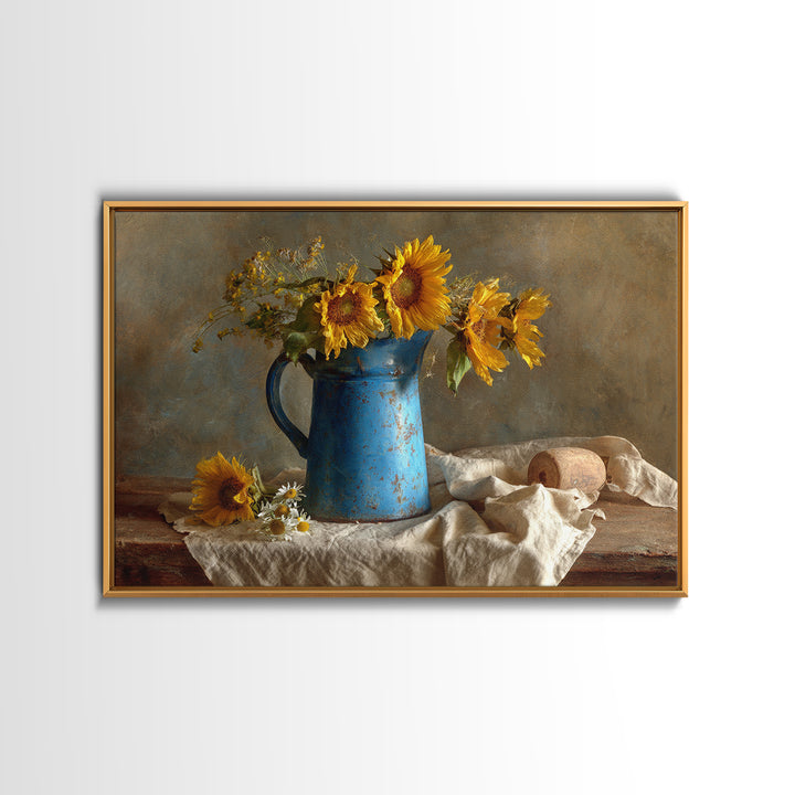 Sunflowers in a Blue Enamel Pitcher Canvas Print, Country Art, Statement Artwork, Farmhouse Decor, Fine Art, Country, COU-3x2-84