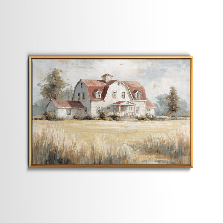 White Farmhouse Surrounded by Tall Grass Framed Canvas Print, Country Art, Watercolor Painting, Farmhouse Decor, Country, COU-3x2-86