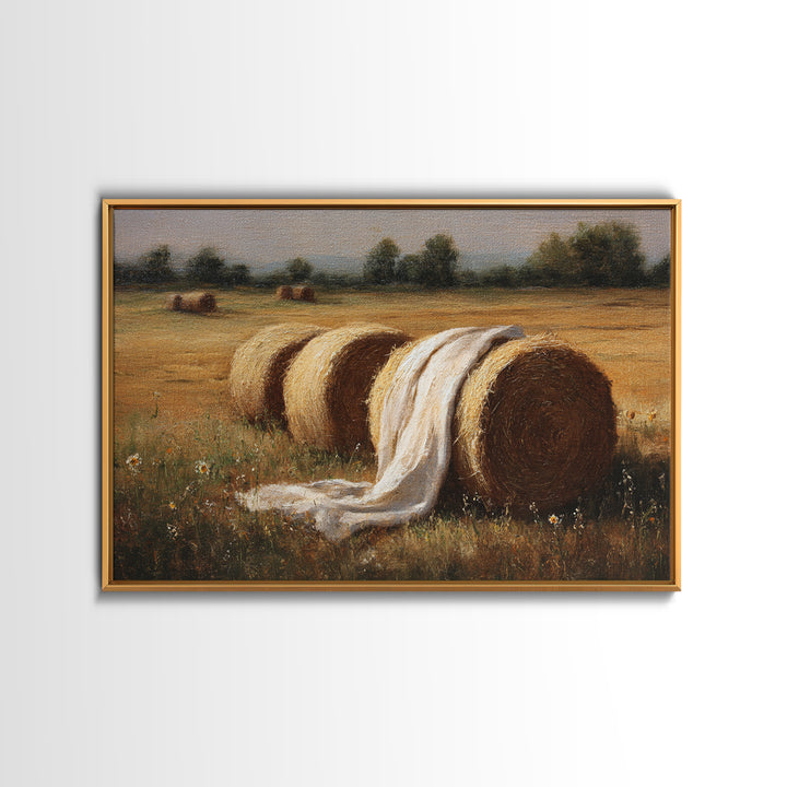 Hay Bales in Late Afternoon Sun Framed Canvas Print, Country Art, Luxury Decor, Farmhouse Decor, Fine Art, Country, COU-3x2-96