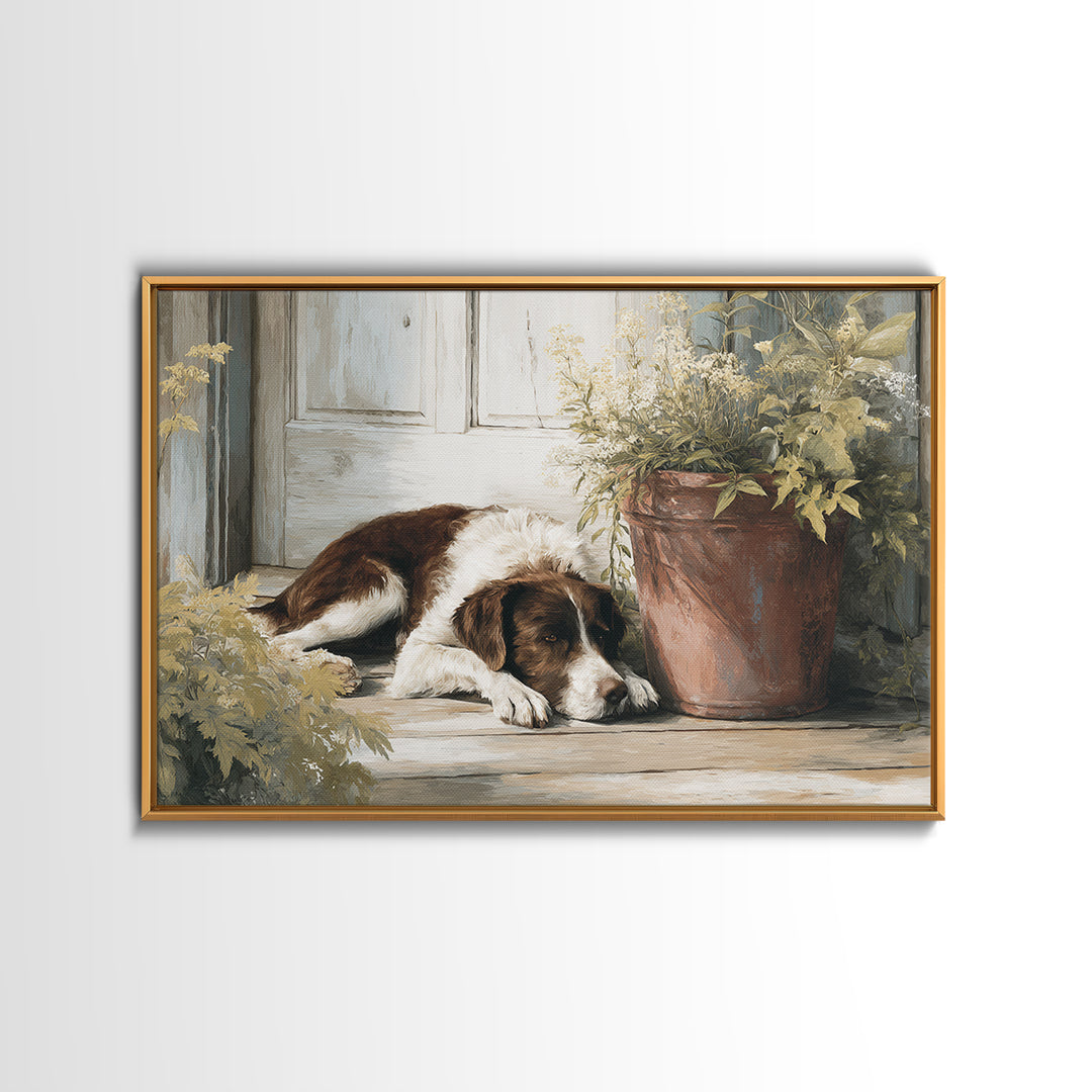 Dog Resting Beside a Porch Flower Pot Canvas Print, Country Art, Digital Art Prints, Farmhouse Decor, Oil Painting, Country, COU-3x2-98