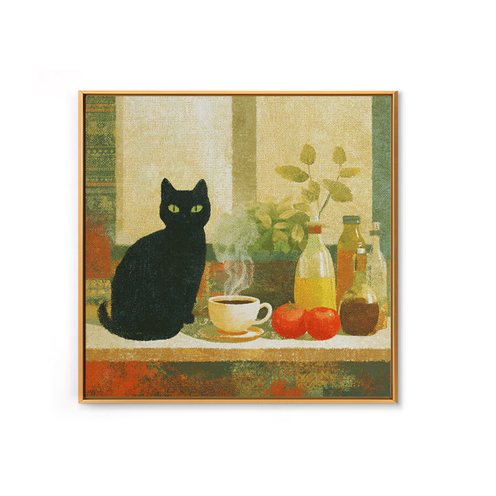 Black Cat Beside a Steaming Cup Canvas Print, Coffee Shop Art, Moody Wall Art, Cafe Decor, Fine Art, Cafe, Luxury Decor, CSA-1x1-14