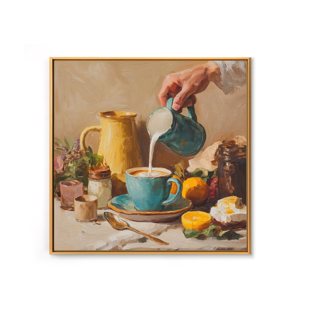Barista Hands Pouring Milk into Espresso Framed Canvas Print, Coffee Shop Art, Neutral Decor, Cafe Decor, Fine Art, Cafe, CSA-1x1-21