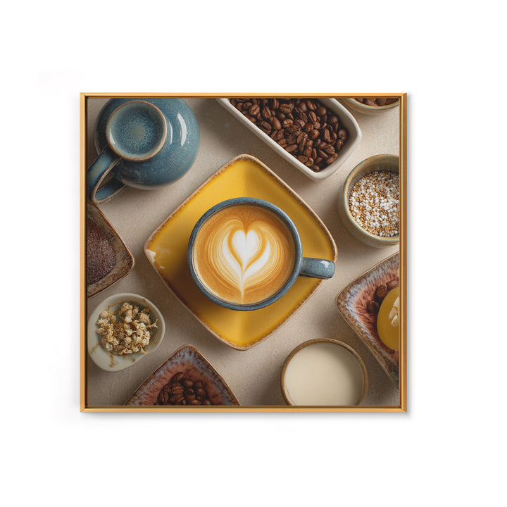 Latte Art Heart Seen from Above Framed Canvas Print, Coffee Shop Art, Digital Wall Art, Cafe Decor, Oil Painting, Cafe, CSA-1x1-28