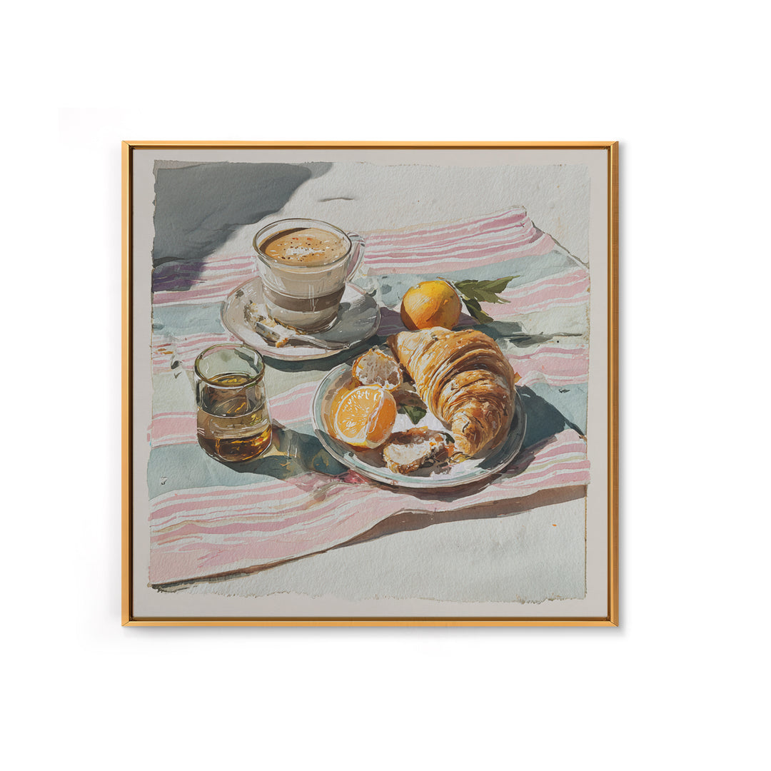 Croissant and Cappuccino on Striped Cloth Framed Canvas Print, Coffee Shop Art, Textured Painting, Cafe Decor, Fine Art, Cafe, CSA-1x1-29
