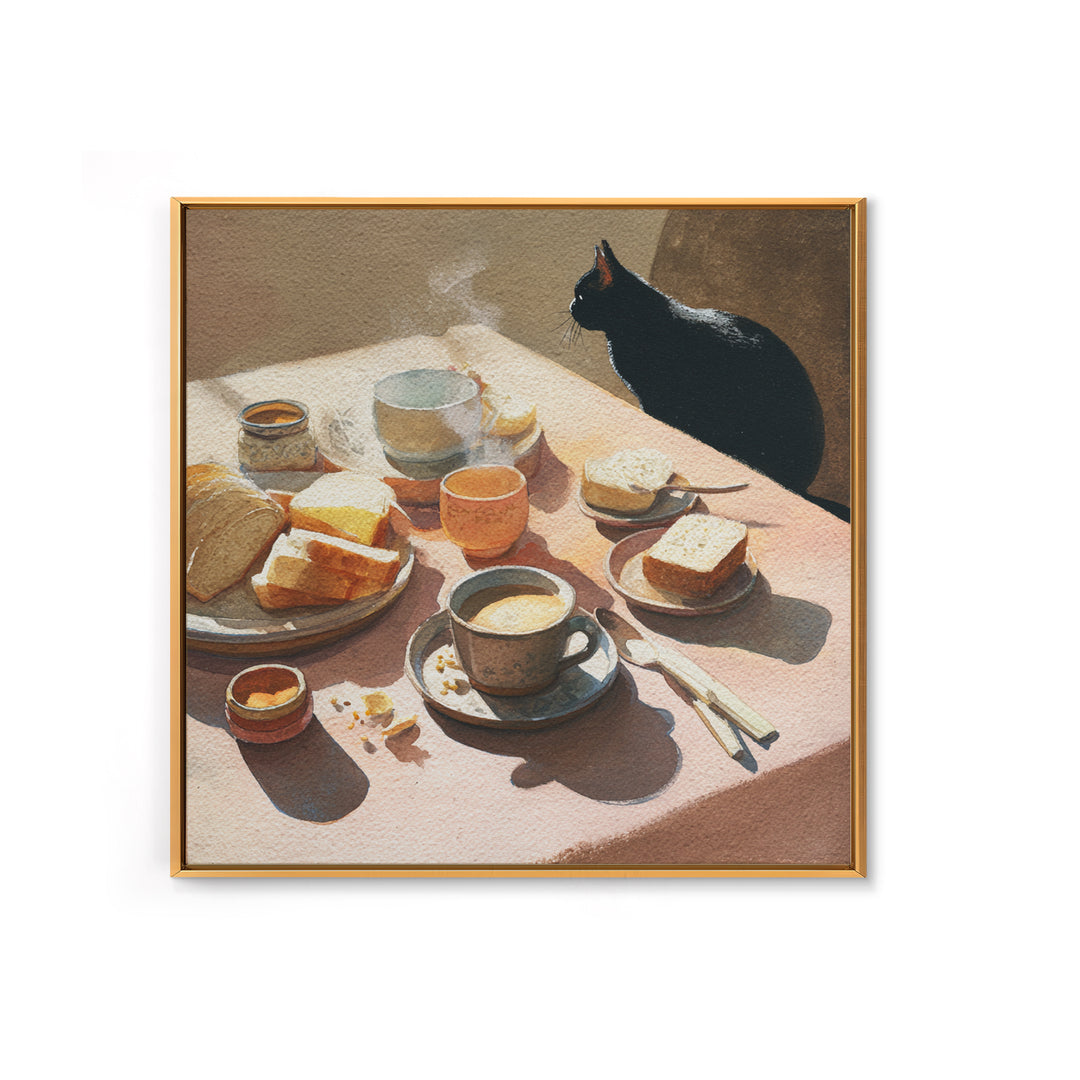 Black Cat Beside a Steaming Cup Framed Canvas Print, Coffee Shop Art, Gallery Decor, Cafe Decor, Fine Art, Cafe, Wall Art, CSA-1x1-38