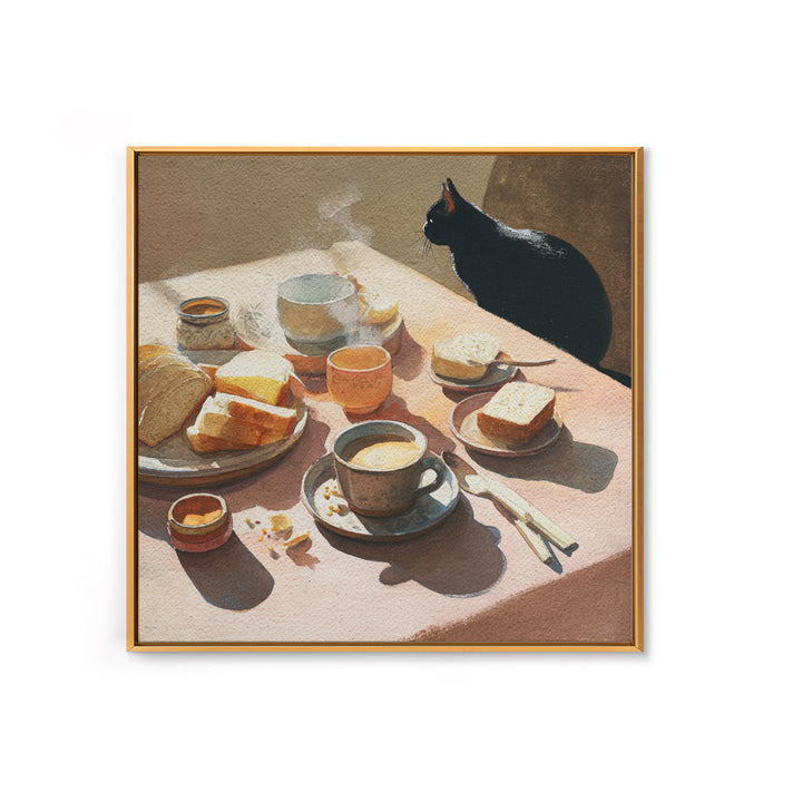 Black Cat Beside a Steaming Cup Framed Canvas Print, Coffee Shop Art, Gallery Decor, Cafe Decor, Fine Art, Cafe, Wall Art, CSA-1x1-38