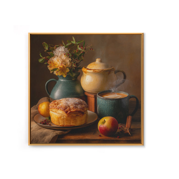 Sunlit Pastry and Coffee Arrangement Framed Canvas Print, Coffee Shop Art, Kitchen Wall Decor, Cafe Decor, Oil Painting, Cafe, CSA-1x1-43
