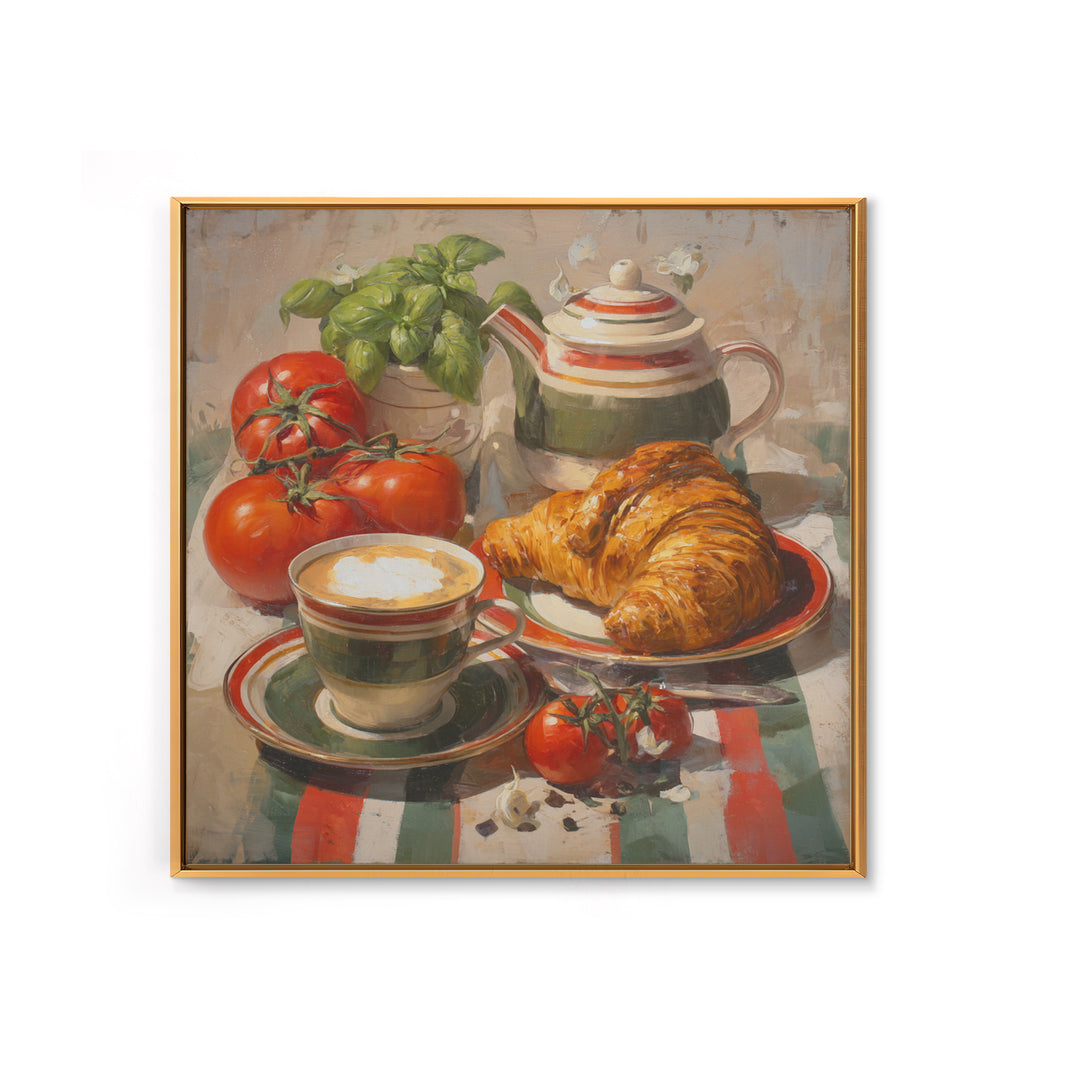 Croissant and Cappuccino on Striped Cloth Canvas Print, Coffee Shop Art, Fine Art Print, Cafe Decor, Fine Art, Cafe, Printable, CSA-1x1-5