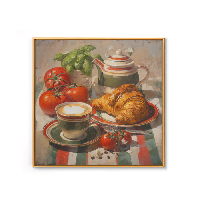 Croissant and Cappuccino on Striped Cloth Canvas Print, Coffee Shop Art, Fine Art Print, Cafe Decor, Fine Art, Cafe, Printable, CSA-1x1-5