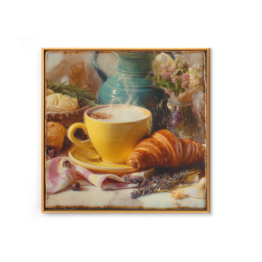 Croissant and Cappuccino on Striped Cloth Framed Canvas Print, Coffee Shop Art, Textured Painting, Cafe Decor, Fine Art, Cafe, CSA-1x1-53