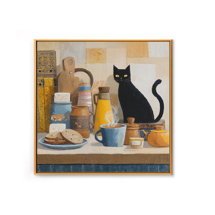 Black Cat Beside a Steaming Cup Framed Canvas Print, Coffee Shop Art, Gallery Decor, Cafe Decor, Fine Art, Cafe, Wall Art, CSA-1x1-62