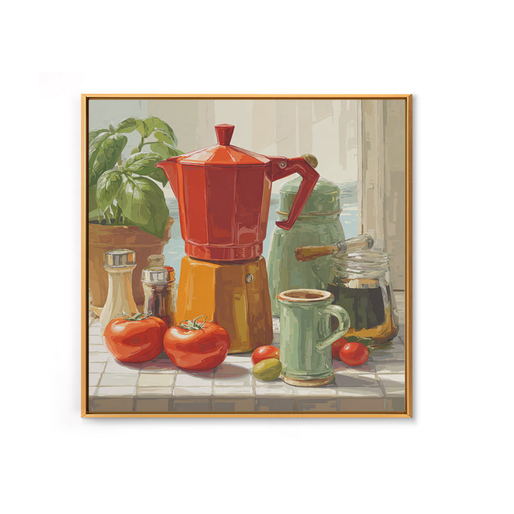 Mid Century Coffee Pot Framed Canvas Print, Coffee Shop Art, Coffee Art, Cafe Decor, Fine Art, Cafe, Textured Painting, CSA-1x1-70