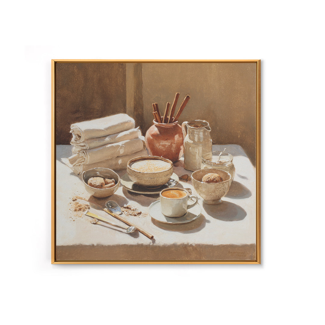 Cinnamon Sticks and Cappuccino Foam Still Life Framed Canvas Print, Coffee Shop Art, Minimalist Wall Art, Cafe Decor, CSA-1x1-72