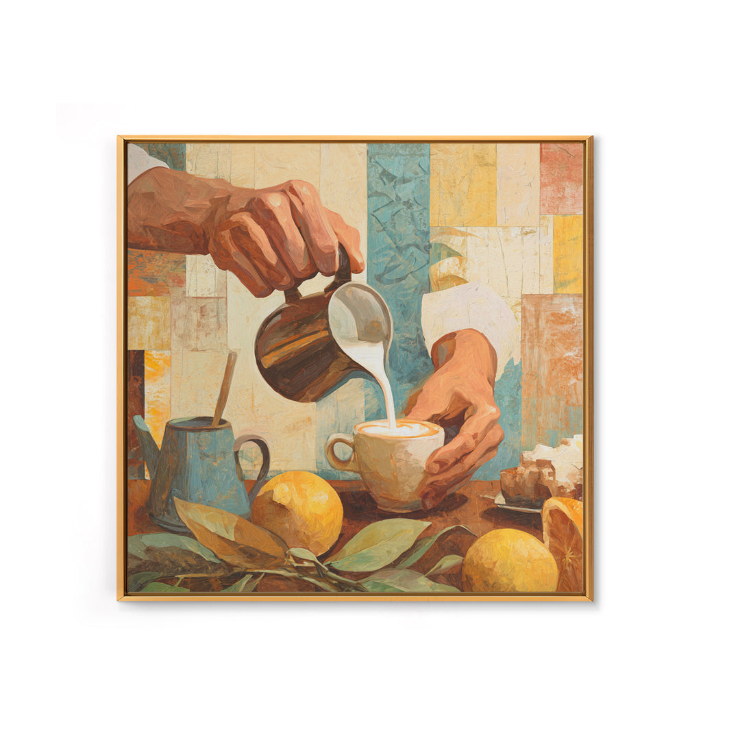 Barista Hands Pouring Milk into Espresso Framed Canvas Print, Coffee Shop Art, Wall Art, Cafe Decor, Oil Painting, Cafe, CSA-1x1-93