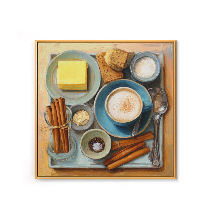Cinnamon Sticks and Cappuccino Foam Still Life Framed Canvas Print, Coffee Shop Art, Printable Wall Art, Cafe Decor, Cafe, CSA-1x1-96