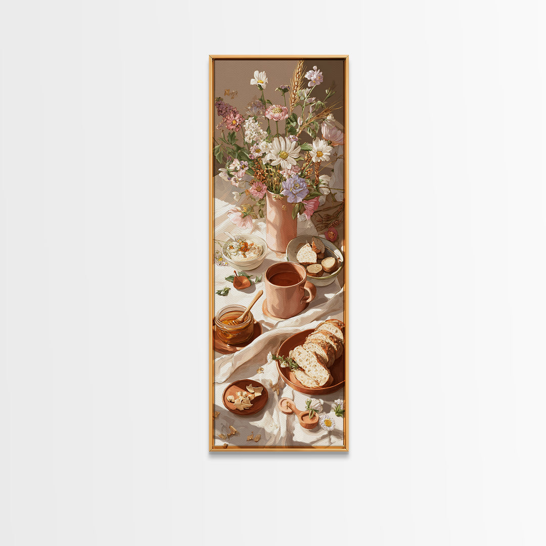 Ceramic Mug with Wildflowers Around It Framed Canvas Print, Coffee Shop Art, Minimalist Decor, Cafe Decor, Oil Painting, Cafe, CSA-1x3-4