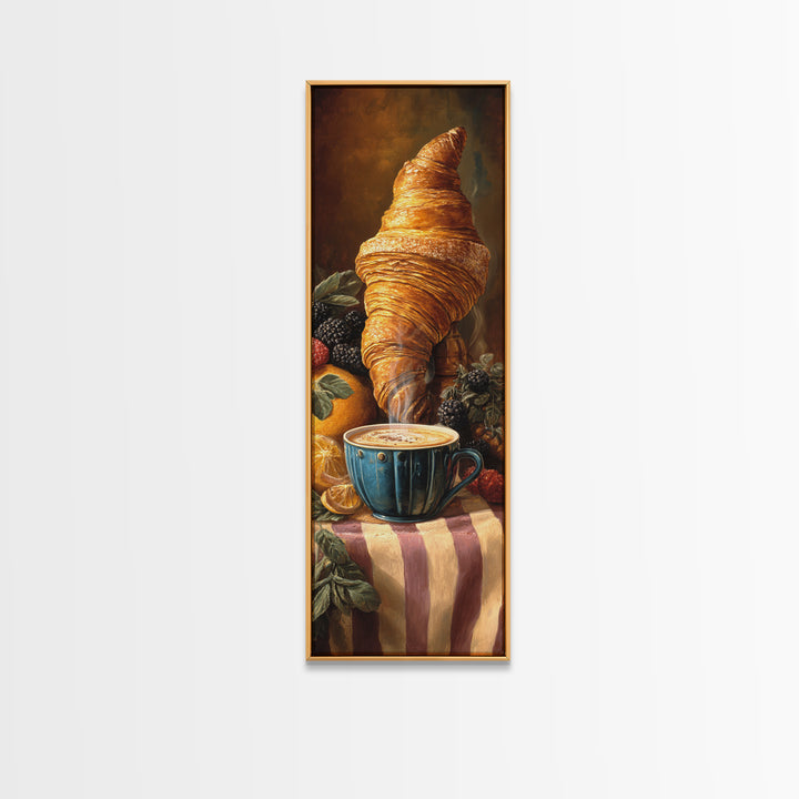 Croissant and Cappuccino on Striped Cloth Canvas Print, Coffee Shop Art, Moody Wall Art, Cafe Decor, Cafe, Luxury Decor, CSA-1x3-41