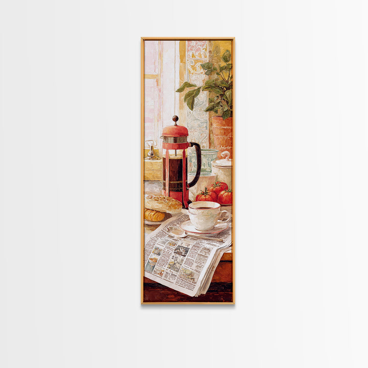 French Press and Morning Newspaper Without Readable Framed Canvas Print, Coffee Shop Art, Modern Decor, Cafe Decor, Cafe, CSA-1x3-46