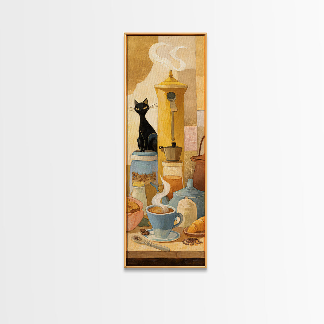 Black Cat Beside a Steaming Cup Framed Canvas Print, Coffee Shop Art, Fine Art Print, Cafe Decor, Fine Art, Cafe, Printable, CSA-1x3-50