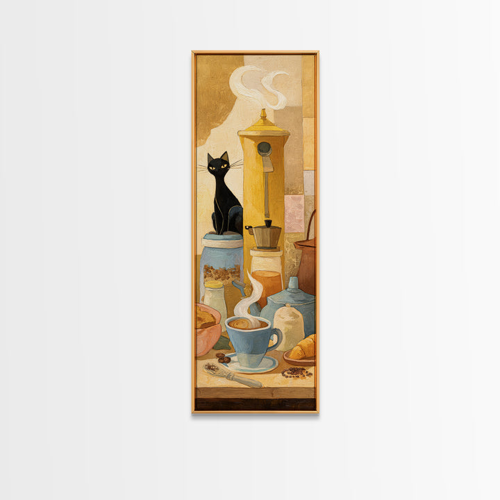Black Cat Beside a Steaming Cup Framed Canvas Print, Coffee Shop Art, Fine Art Print, Cafe Decor, Fine Art, Cafe, Printable, CSA-1x3-50